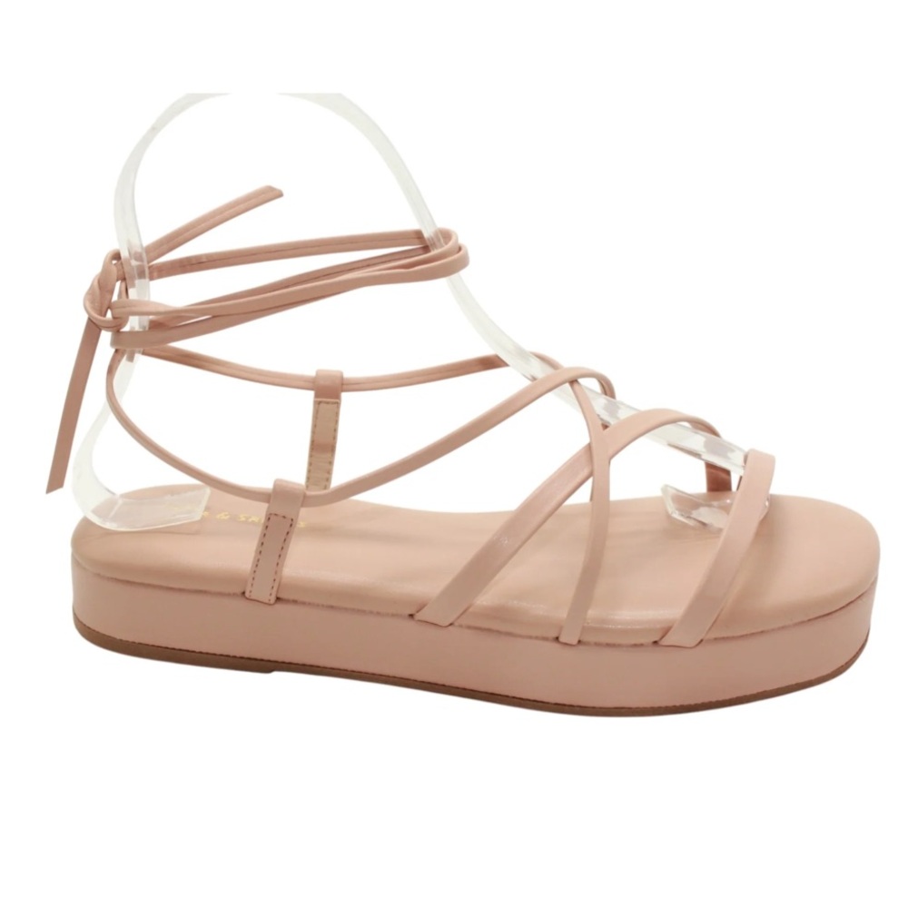 New Designer Tan Strappy Tie-Up Flatform Sandals - Picture 4 of 5